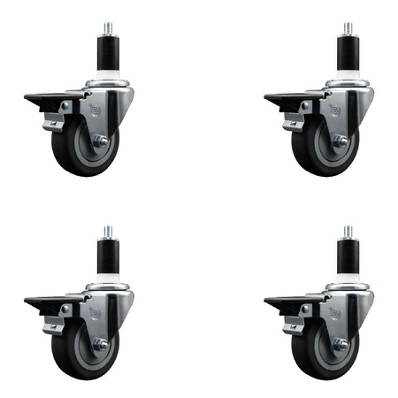 Service Caster 3.5'' Thermoplastic Rubber Swivel 1-3/8'' Expanding Stem Caster Set with Brake, 4PK SCC-EX20S3514-TPRB-PLB-138-4